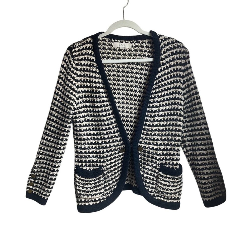 Ann Taylor Loft Medium Navy Cream Open Front Cardigan Chunky Sweater